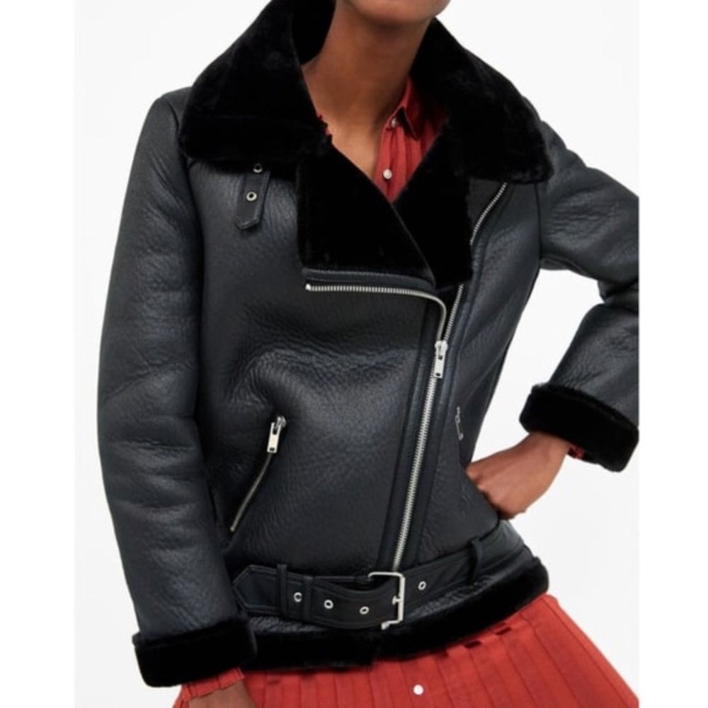 Zara | Faux Fur Contrasting Biker Coat